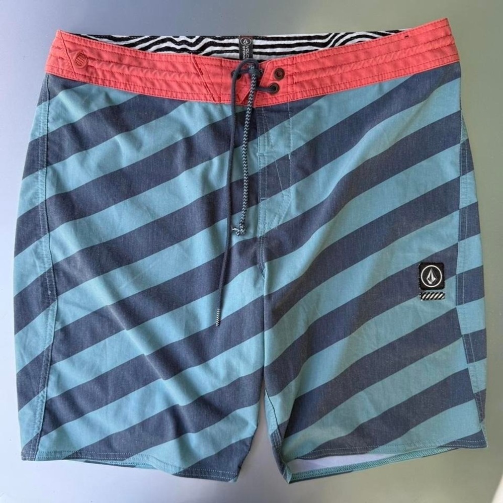 Volcom blue and pink board shorts striped